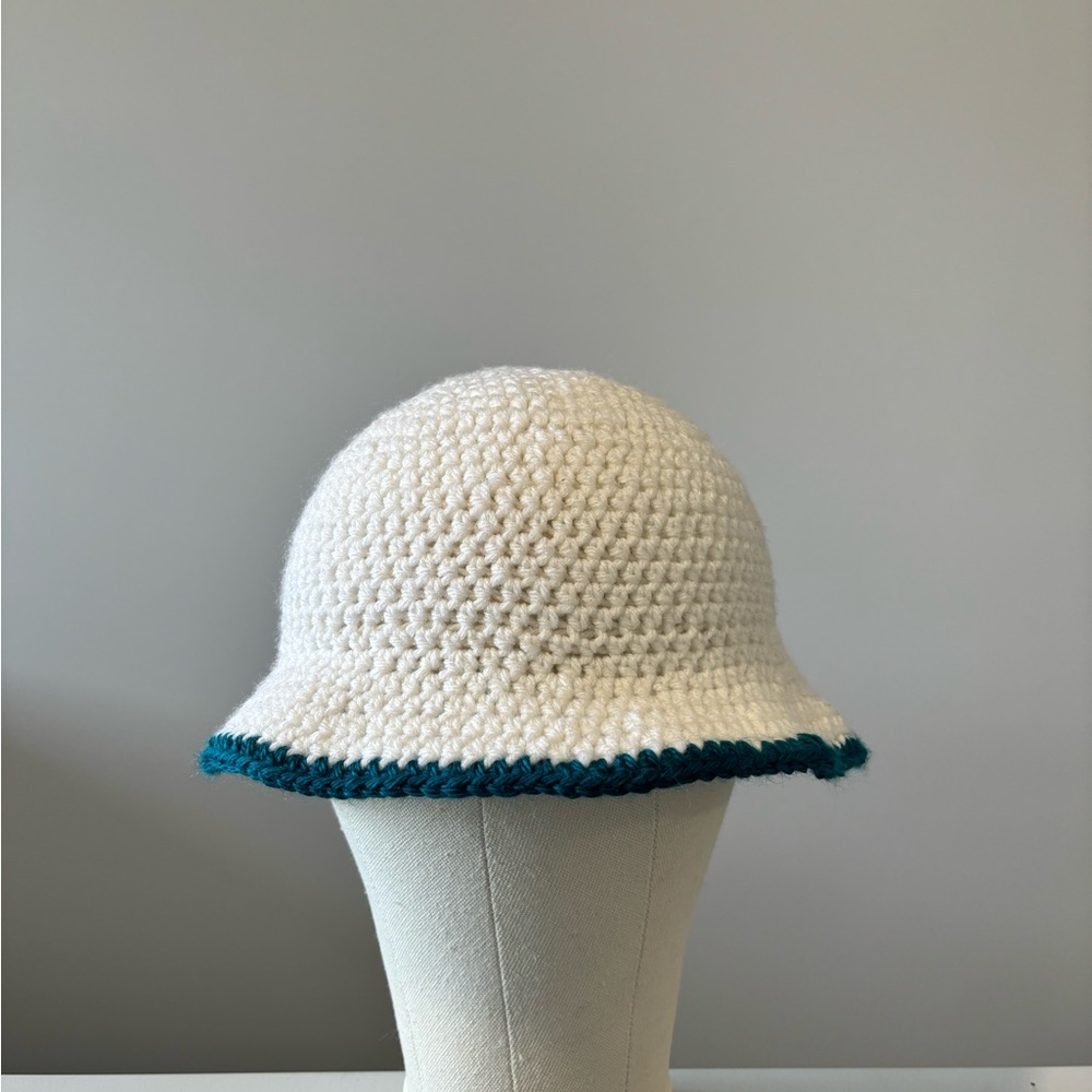 Kids White Crochet Hat with Teal Trim